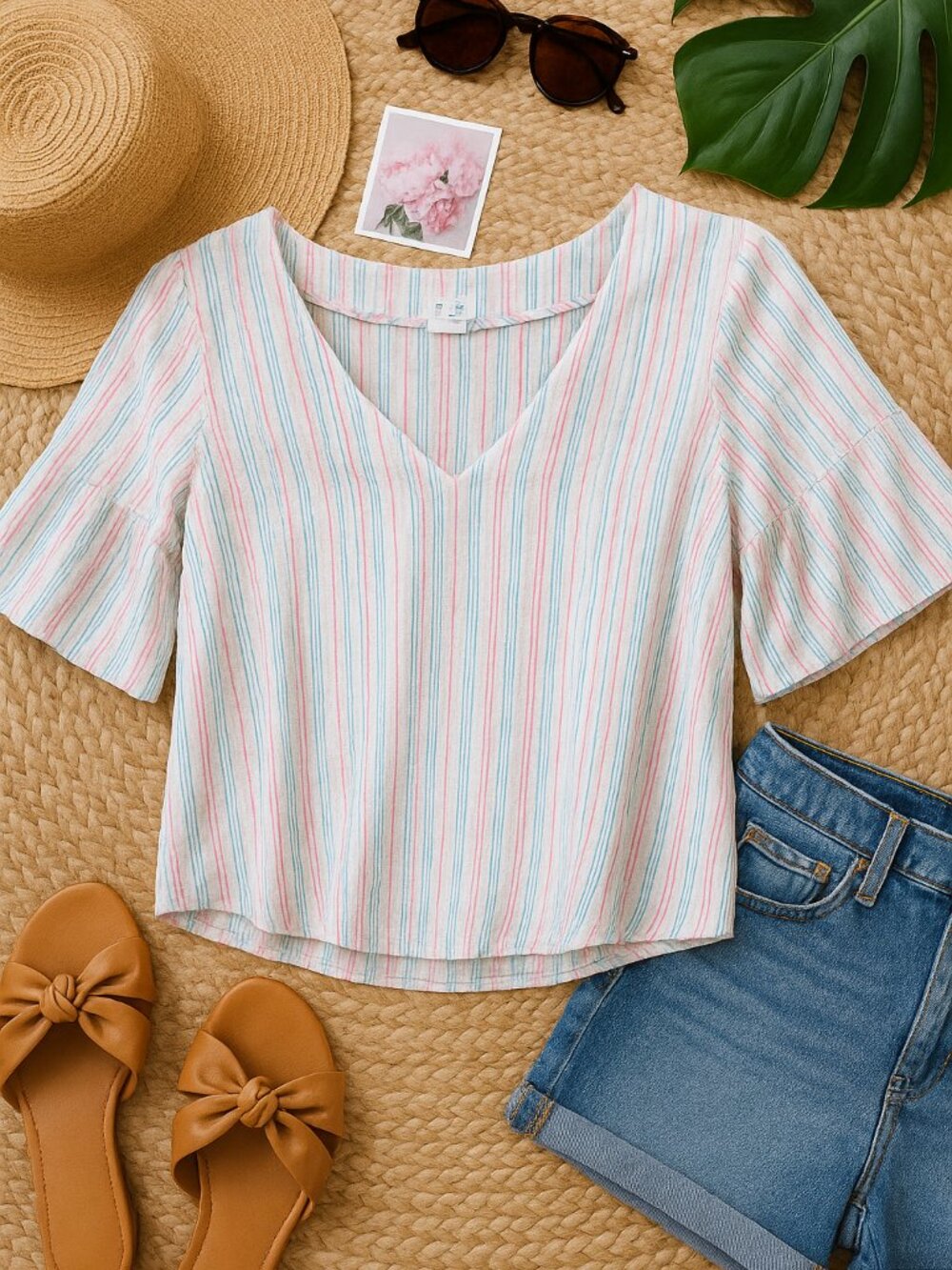 A New Day Pastel Striped Flutter Sleeve Blouse Size Medium